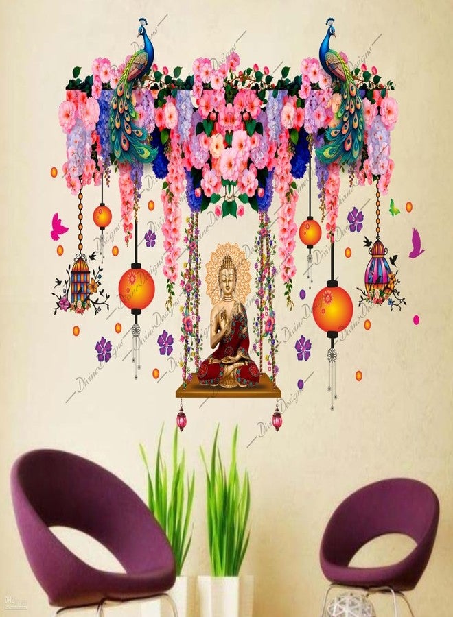 DivineDesigns ملصق حائط من الفينيل PVC بتصميم غوتاما بوذا وطاووس وزهور وردية (متعدد الألوان) من تصميم DivineDesigns - Image 1